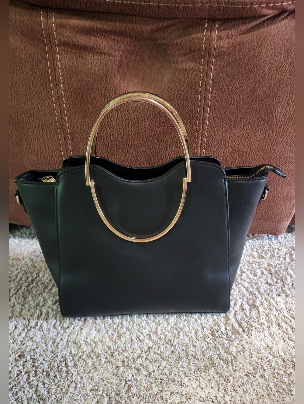 Chic Miztique Black Vegan Leather Satchel with Sculptural Gold Handles - Picture 3 of 14